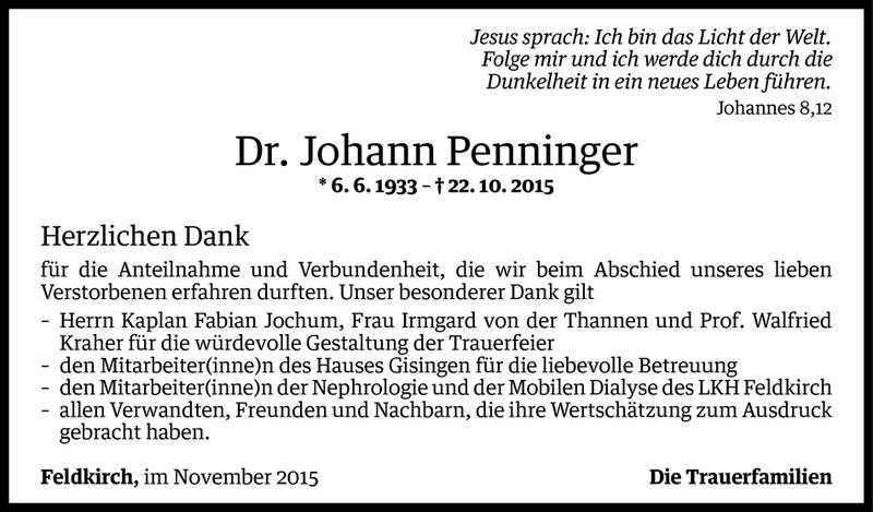  Todesanzeige für Johann Penninger vom 05.11.2015 aus Vorarlberger Nachrichten