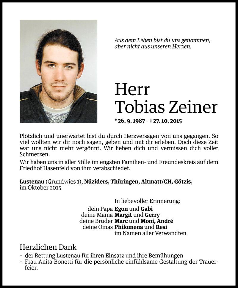  Todesanzeige für Tobias Zeiner vom 06.11.2015 aus Vorarlberger Nachrichten