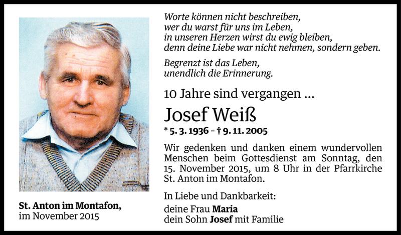  Todesanzeige für Josef Weiß vom 05.11.2015 aus Vorarlberger Nachrichten