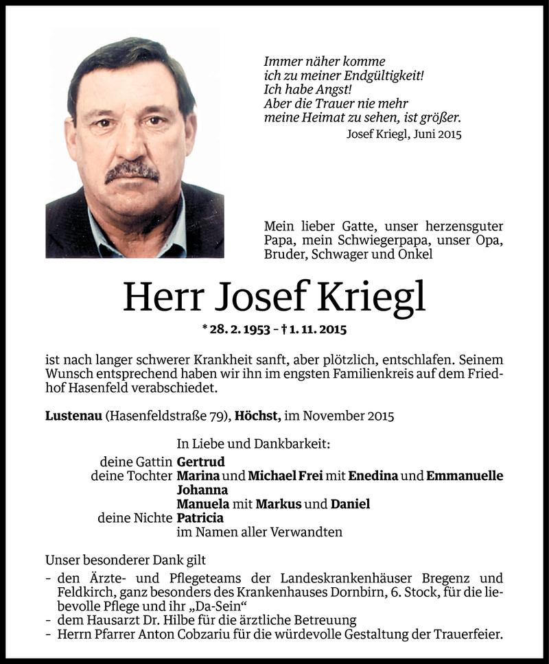  Todesanzeige für Josef Kriegl vom 06.11.2015 aus Vorarlberger Nachrichten