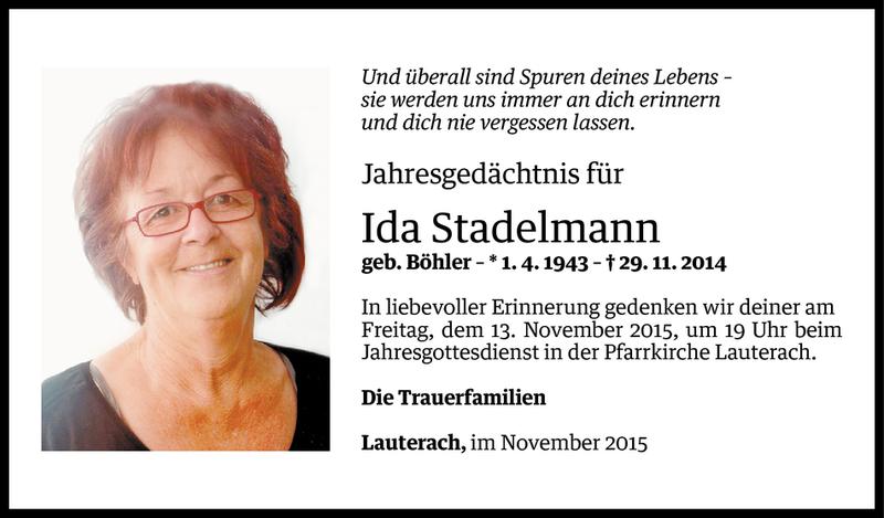  Todesanzeige für Ida Stadelmann vom 09.11.2015 aus Vorarlberger Nachrichten