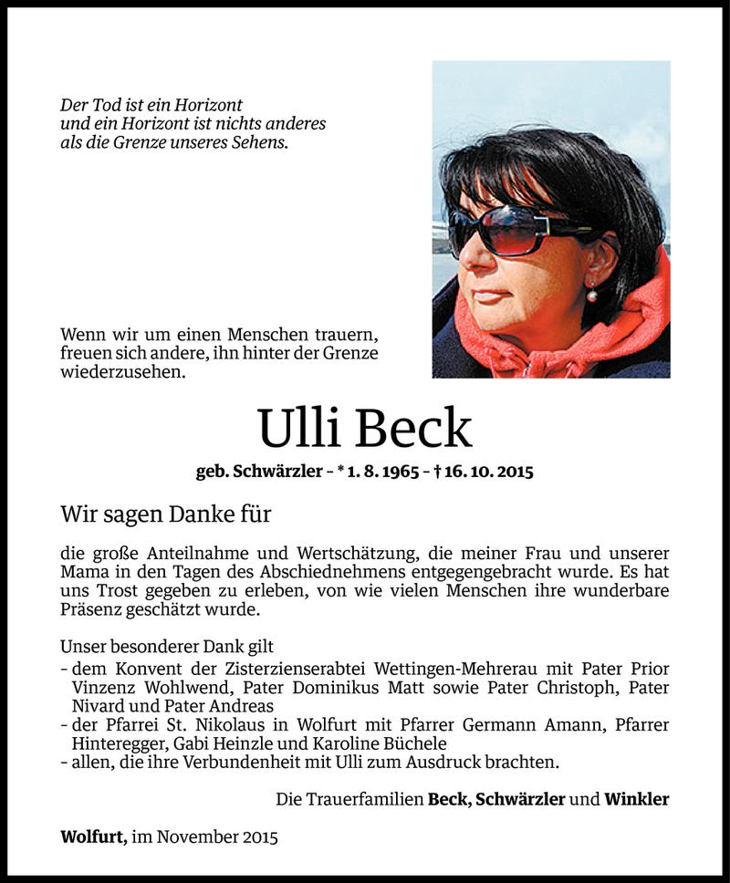  Todesanzeige für Ulli Beck vom 06.11.2015 aus Vorarlberger Nachrichten