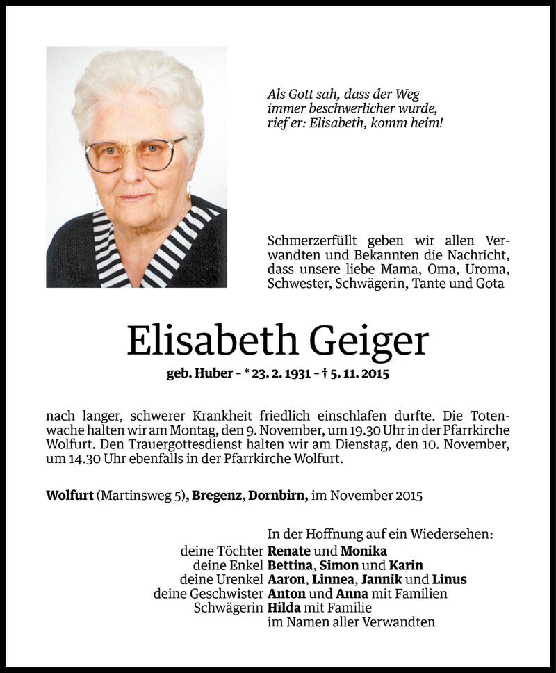  Todesanzeige für Elisabeth Geiger vom 06.11.2015 aus Vorarlberger Nachrichten