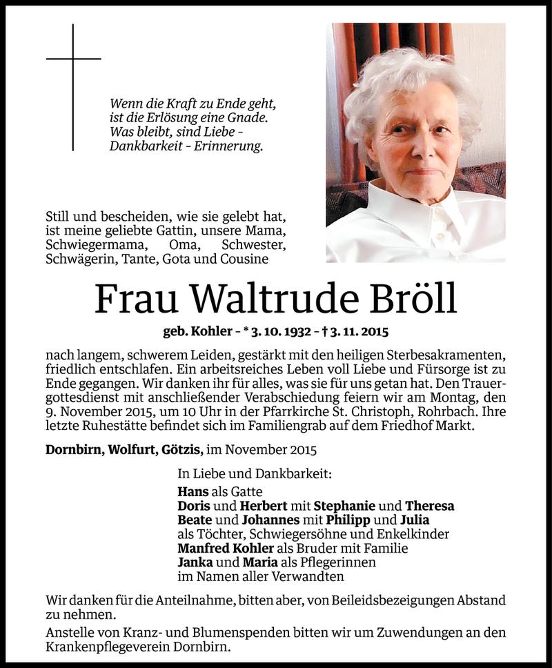  Todesanzeige für Waltrude Bröll vom 06.11.2015 aus Vorarlberger Nachrichten