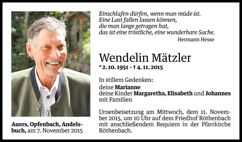  Todesanzeige für Wendelin Mätzler vom 06.11.2015 aus Vorarlberger Nachrichten