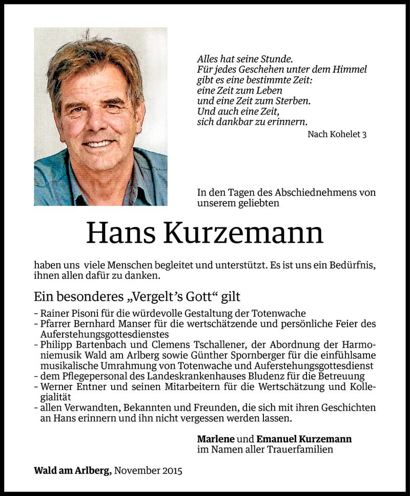  Todesanzeige für Hans Kurzemann vom 06.11.2015 aus Vorarlberger Nachrichten