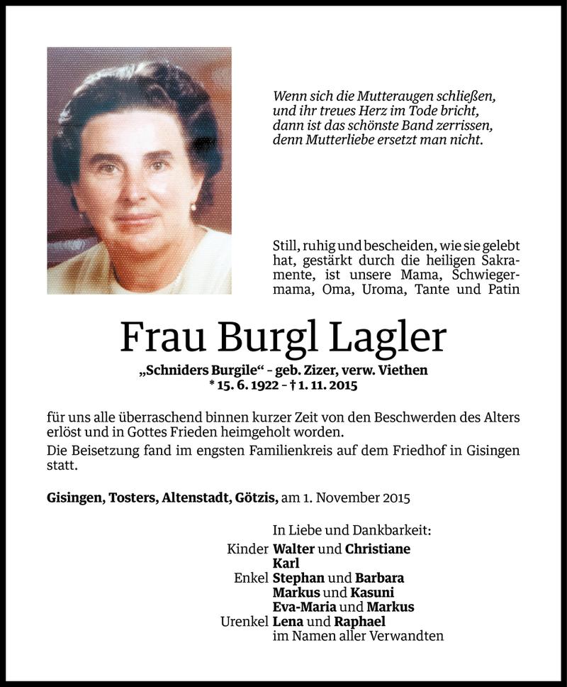  Todesanzeige für Burgl Lagler vom 08.11.2015 aus Vorarlberger Nachrichten