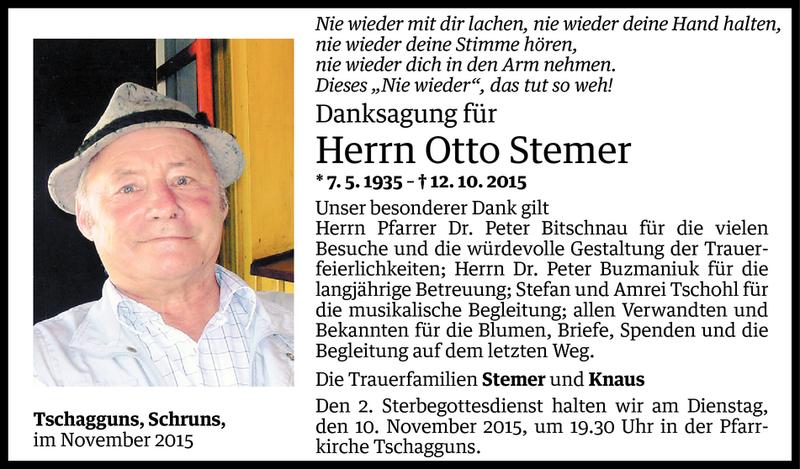  Todesanzeige für Otto Stemer vom 08.11.2015 aus Vorarlberger Nachrichten