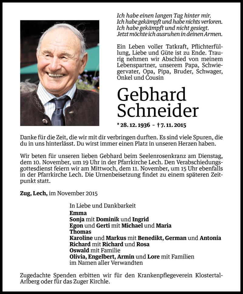  Todesanzeige für Gebhard Schneider vom 09.11.2015 aus Vorarlberger Nachrichten