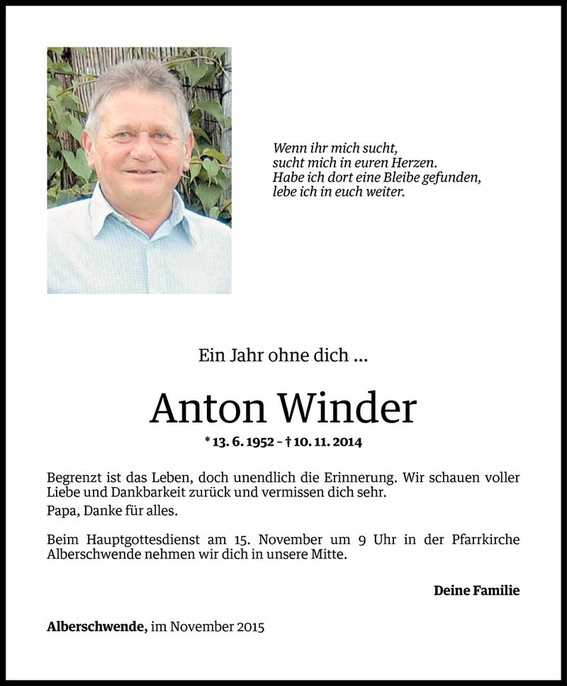  Todesanzeige für Anton Winder vom 09.11.2015 aus Vorarlberger Nachrichten