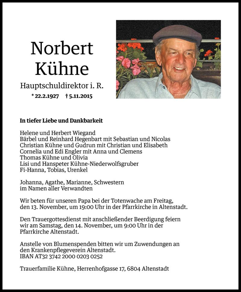  Todesanzeige für Norbert Kühne vom 11.11.2015 aus Vorarlberger Nachrichten