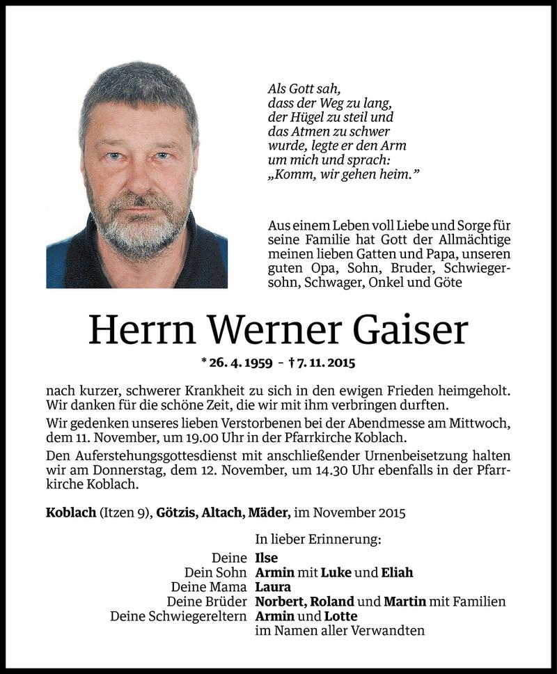  Todesanzeige für Werner Gaiser vom 10.11.2015 aus Vorarlberger Nachrichten