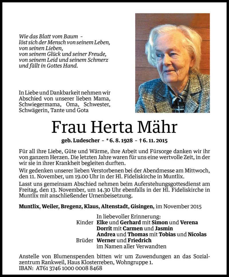  Todesanzeige für Herta Mähr vom 10.11.2015 aus Vorarlberger Nachrichten