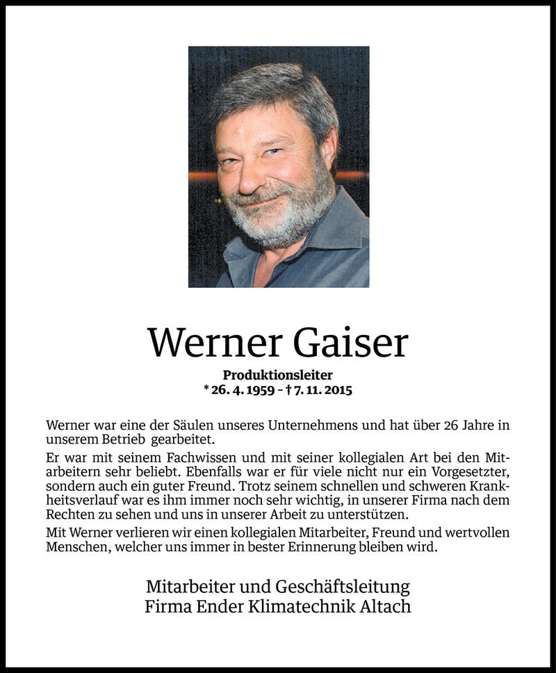  Todesanzeige für Werner Gaiser vom 10.11.2015 aus Vorarlberger Nachrichten