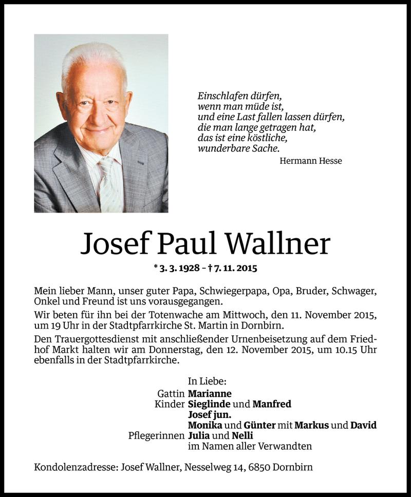  Todesanzeige für Josef Paul Wallner vom 09.11.2015 aus Vorarlberger Nachrichten