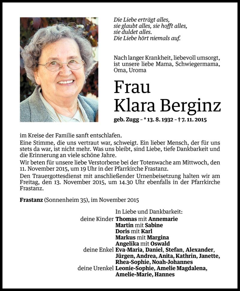  Todesanzeige für Klara Berginz vom 09.11.2015 aus Vorarlberger Nachrichten