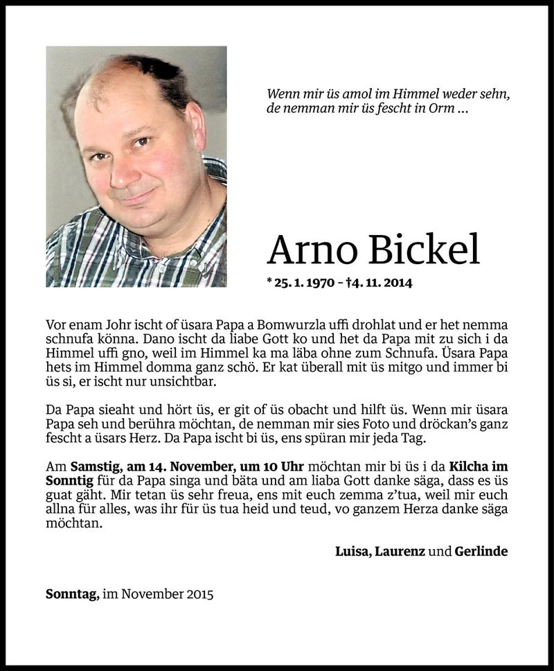  Todesanzeige für Arno Bickel vom 09.11.2015 aus Vorarlberger Nachrichten