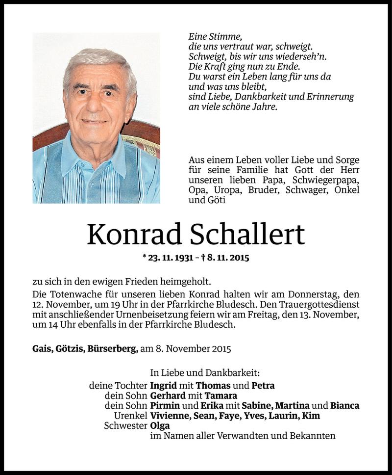  Todesanzeige für Konrad Schallert vom 10.11.2015 aus Vorarlberger Nachrichten