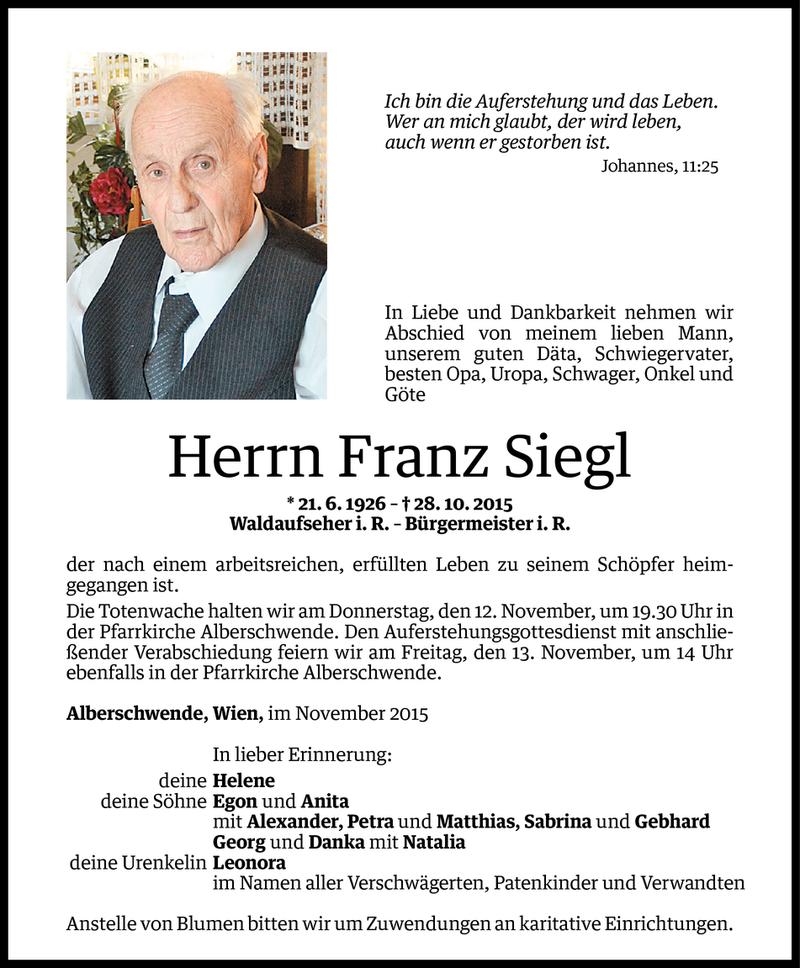  Todesanzeige für Franz Siegl vom 10.11.2015 aus Vorarlberger Nachrichten