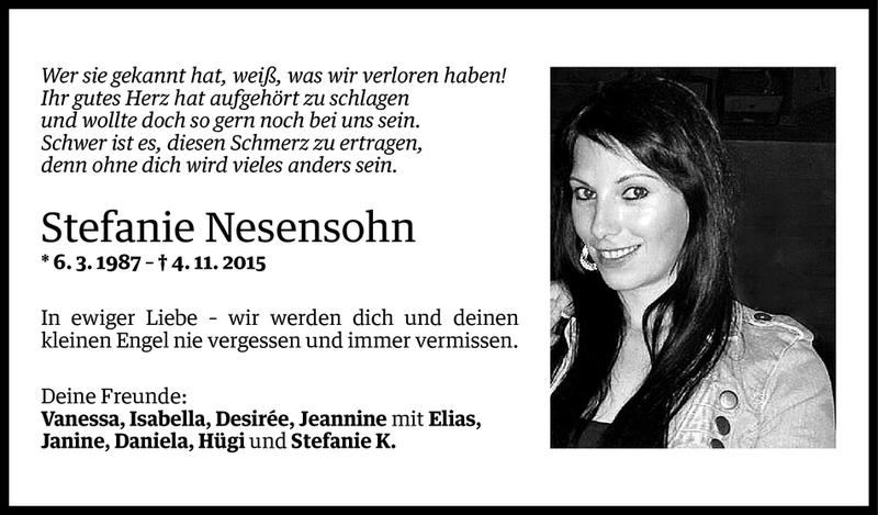  Todesanzeige für Stefanie Nesensohn vom 10.11.2015 aus Vorarlberger Nachrichten