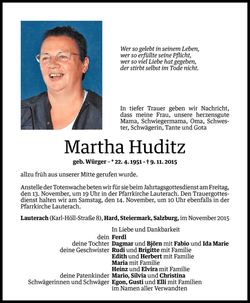  Todesanzeige für Martha Huditz vom 10.11.2015 aus Vorarlberger Nachrichten