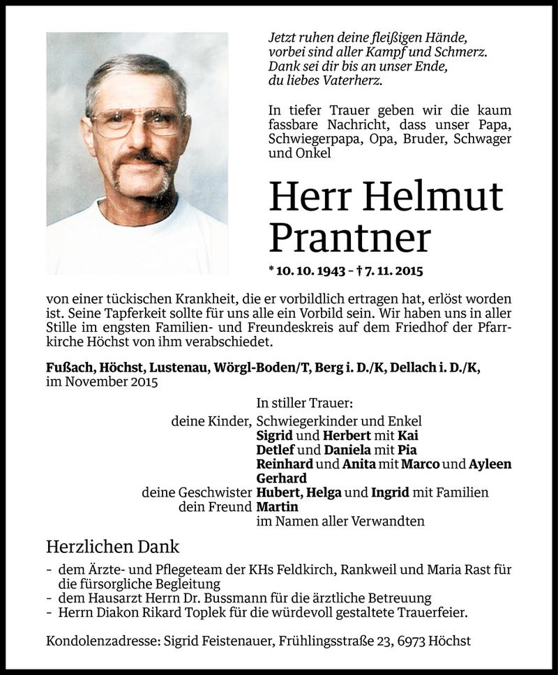  Todesanzeige für Helmut Prantner vom 12.11.2015 aus Vorarlberger Nachrichten