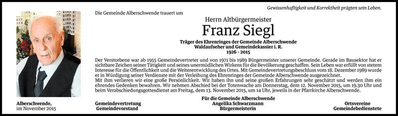  Todesanzeige für Franz Siegl vom 11.11.2015 aus Vorarlberger Nachrichten