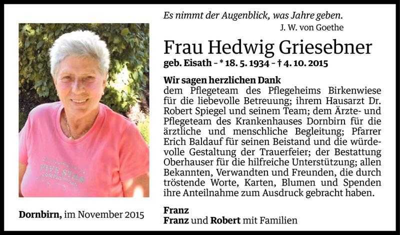  Todesanzeige für Hedwig Griesebner vom 13.11.2015 aus Vorarlberger Nachrichten