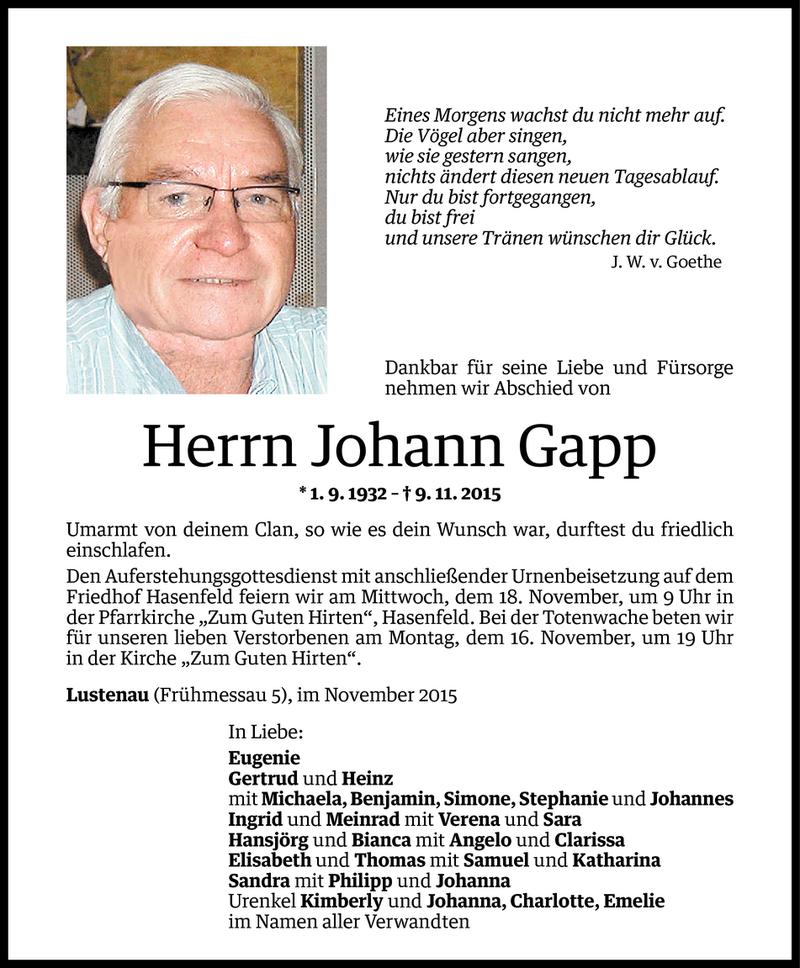  Todesanzeige für Johann Gapp vom 13.11.2015 aus Vorarlberger Nachrichten