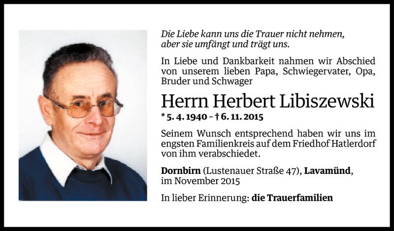  Todesanzeige für Herbert Libiszewski vom 14.11.2015 aus Vorarlberger Nachrichten