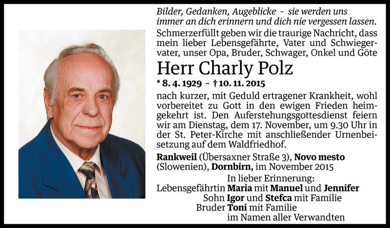  Todesanzeige für Charly Polz vom 14.11.2015 aus Vorarlberger Nachrichten