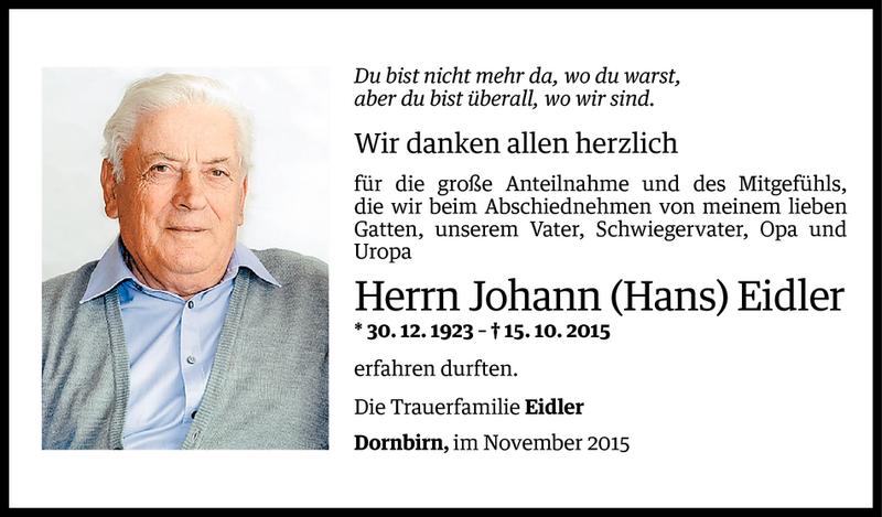  Todesanzeige für Johann Eidler vom 13.11.2015 aus Vorarlberger Nachrichten