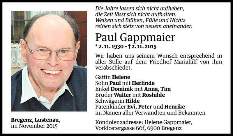  Todesanzeige für Paul Gappmaier vom 14.11.2015 aus Vorarlberger Nachrichten