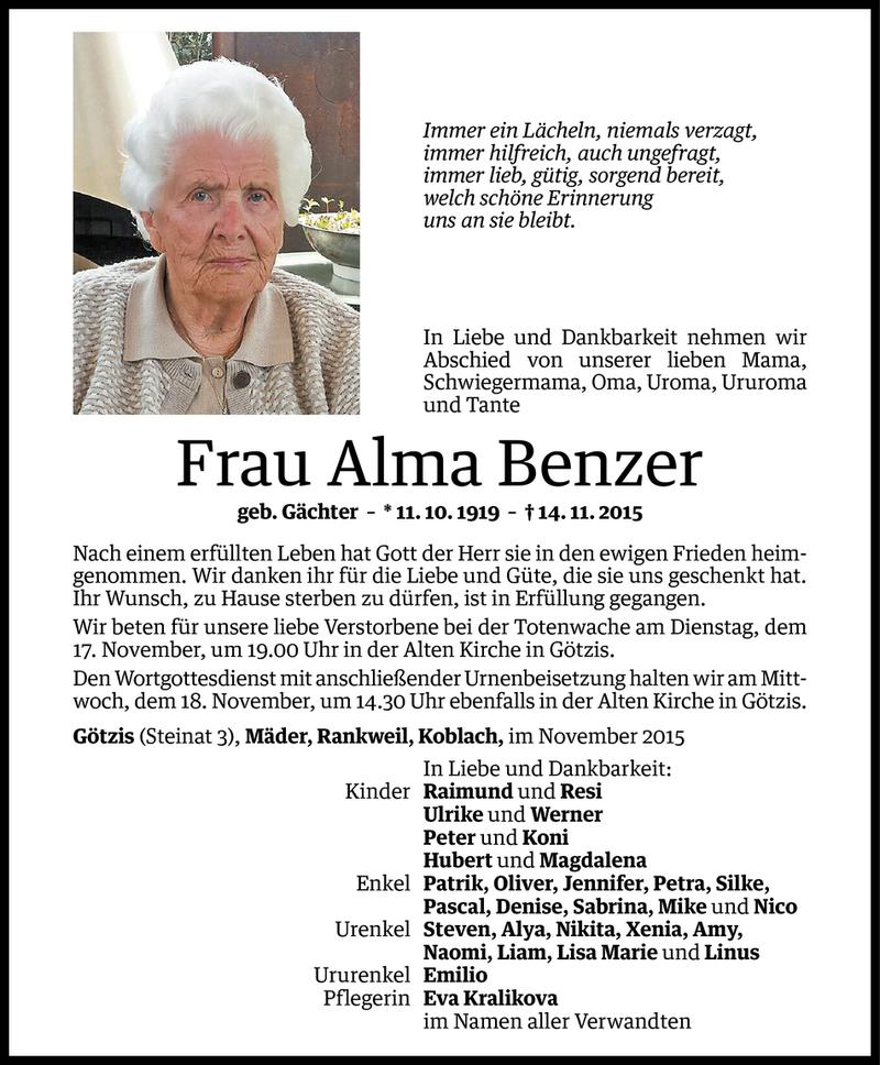  Todesanzeige für Alma Benzer vom 16.11.2015 aus Vorarlberger Nachrichten