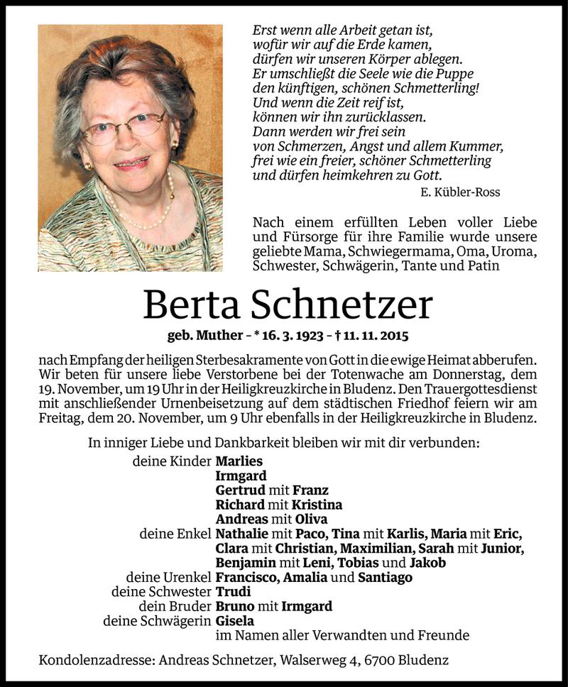  Todesanzeige für Berta Schnetzer vom 17.11.2015 aus Vorarlberger Nachrichten