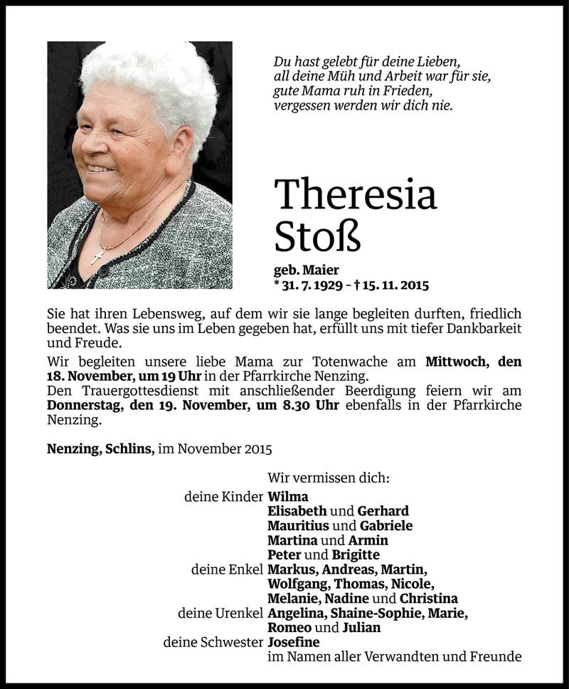  Todesanzeige für Theresia Stoß vom 17.11.2015 aus Vorarlberger Nachrichten