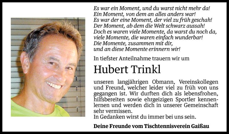  Todesanzeige für Hubert Trinkl vom 17.11.2015 aus Vorarlberger Nachrichten