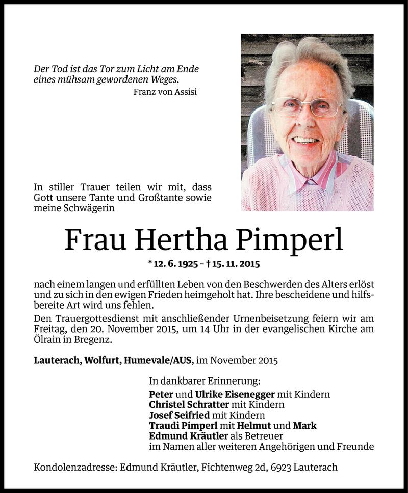  Todesanzeige für Hertha Pimperl vom 17.11.2015 aus Vorarlberger Nachrichten