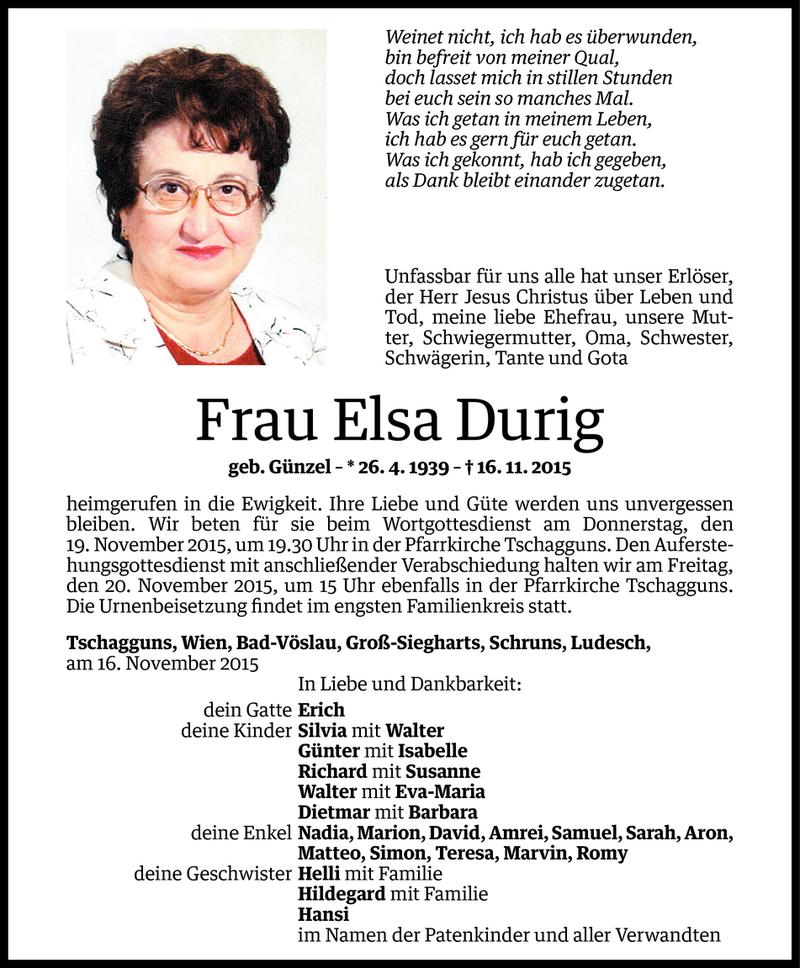  Todesanzeige für Elsa Durig vom 17.11.2015 aus Vorarlberger Nachrichten