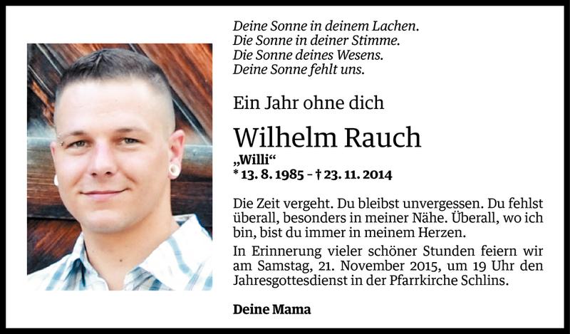  Todesanzeige für Wilhelm Rauch vom 18.11.2015 aus Vorarlberger Nachrichten