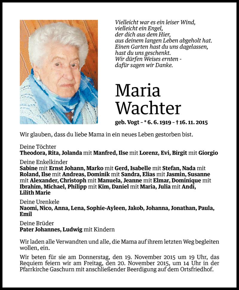  Todesanzeige für Maria Wachter vom 17.11.2015 aus Vorarlberger Nachrichten