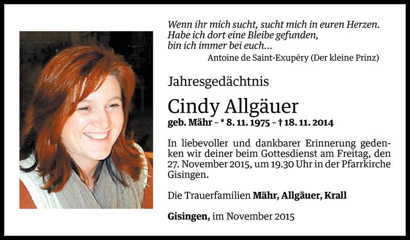  Todesanzeige für Cindy Allgäuer vom 17.11.2015 aus Vorarlberger Nachrichten