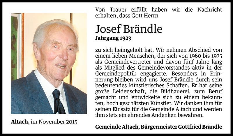  Todesanzeige für Josef Brändle vom 18.11.2015 aus Vorarlberger Nachrichten