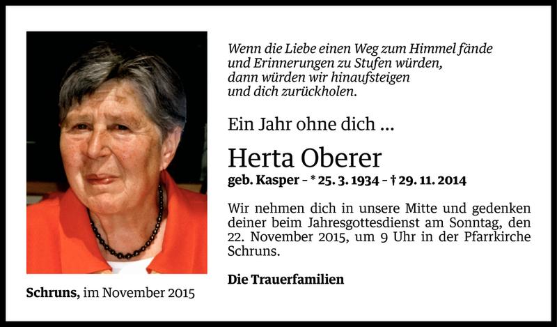  Todesanzeige für Herta Oberer vom 18.11.2015 aus Vorarlberger Nachrichten