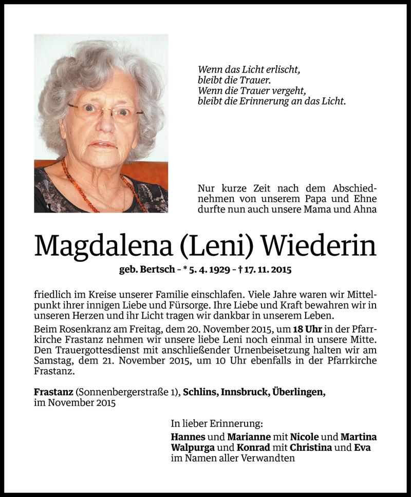  Todesanzeige für Magdalena Wiederin vom 18.11.2015 aus Vorarlberger Nachrichten