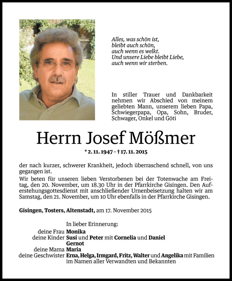  Todesanzeige für Josef Mößmer vom 18.11.2015 aus Vorarlberger Nachrichten