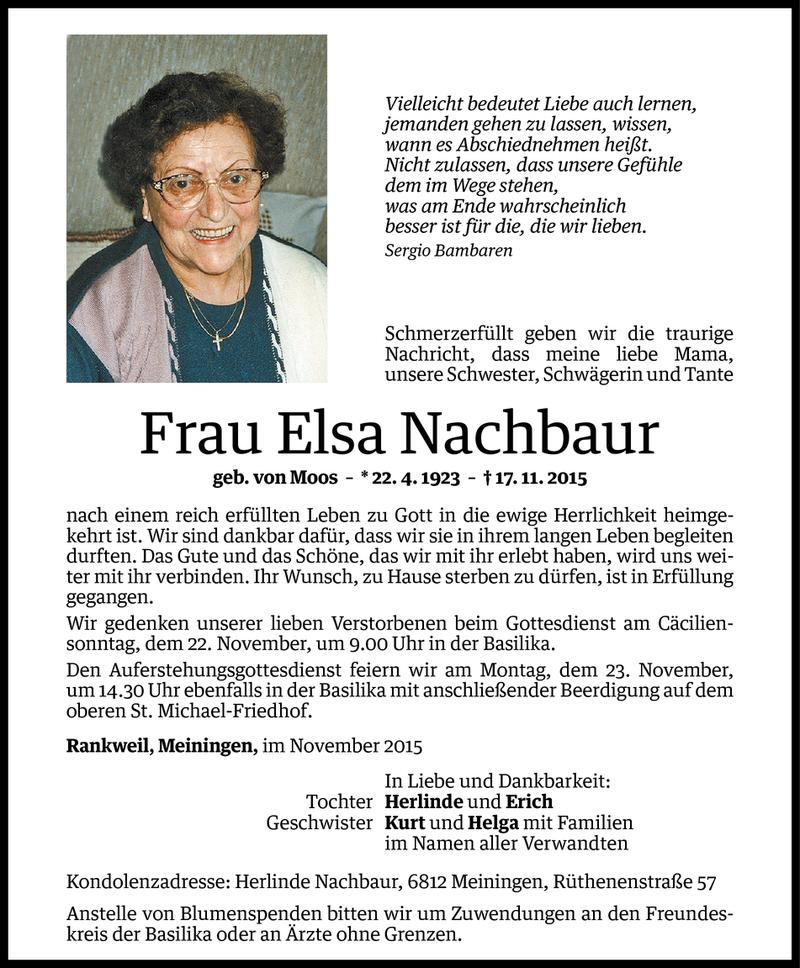  Todesanzeige für Elsa Nachbaur vom 20.11.2015 aus Vorarlberger Nachrichten