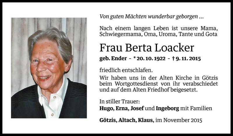  Todesanzeige für Berta Loacker vom 20.11.2015 aus Vorarlberger Nachrichten