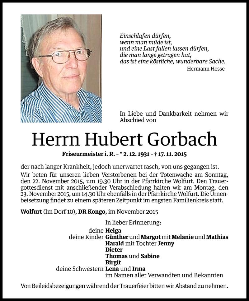  Todesanzeige für Hubert Gorbach vom 19.11.2015 aus Vorarlberger Nachrichten