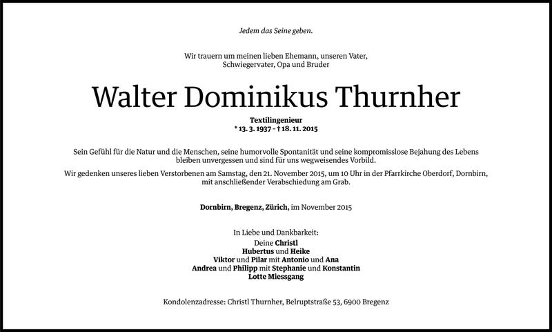  Todesanzeige für Walter Dominikus Thurnher vom 19.11.2015 aus Vorarlberger Nachrichten